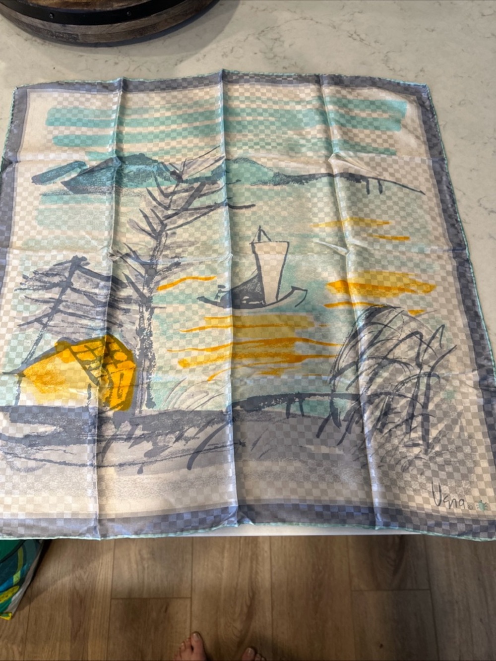 Vera Scenic Japan Square Scarf in Teal, Yellow & blue 100% silk handrolled